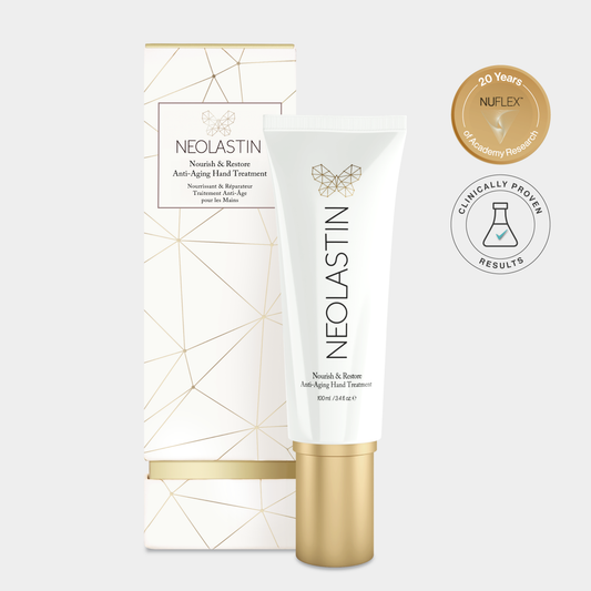 Anti-aging hand cream by Neolastin in luxury packaging for moisturizing, firming, and smoothing aging hands